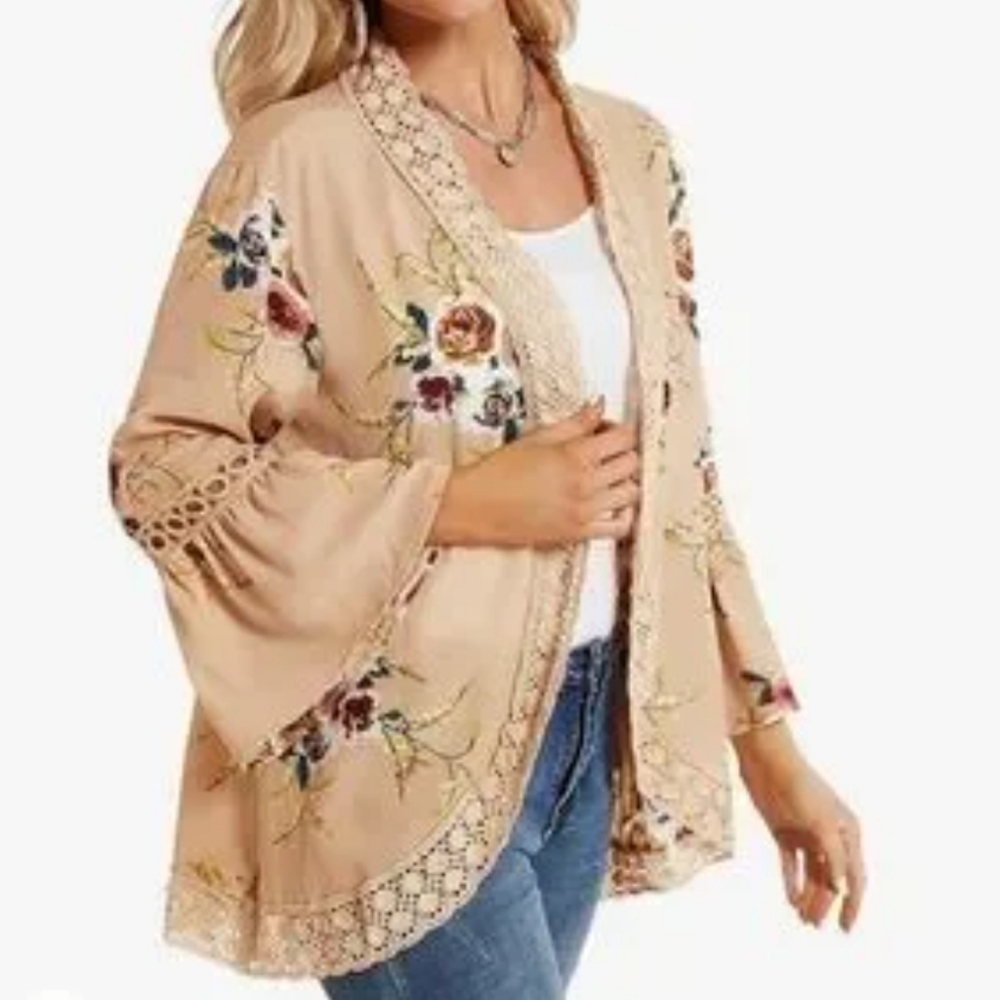 Floral Lace-Trim Open Front Cardigan - Blush Pink - Picture 12 of 14